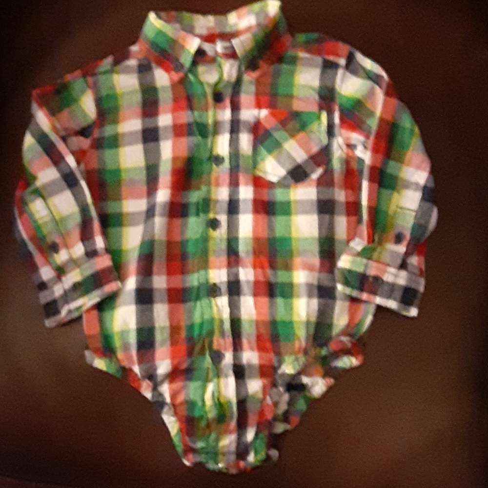 Nursery Rhyme Play red green plaid shirt onesie long slv button front 18mo EUC…